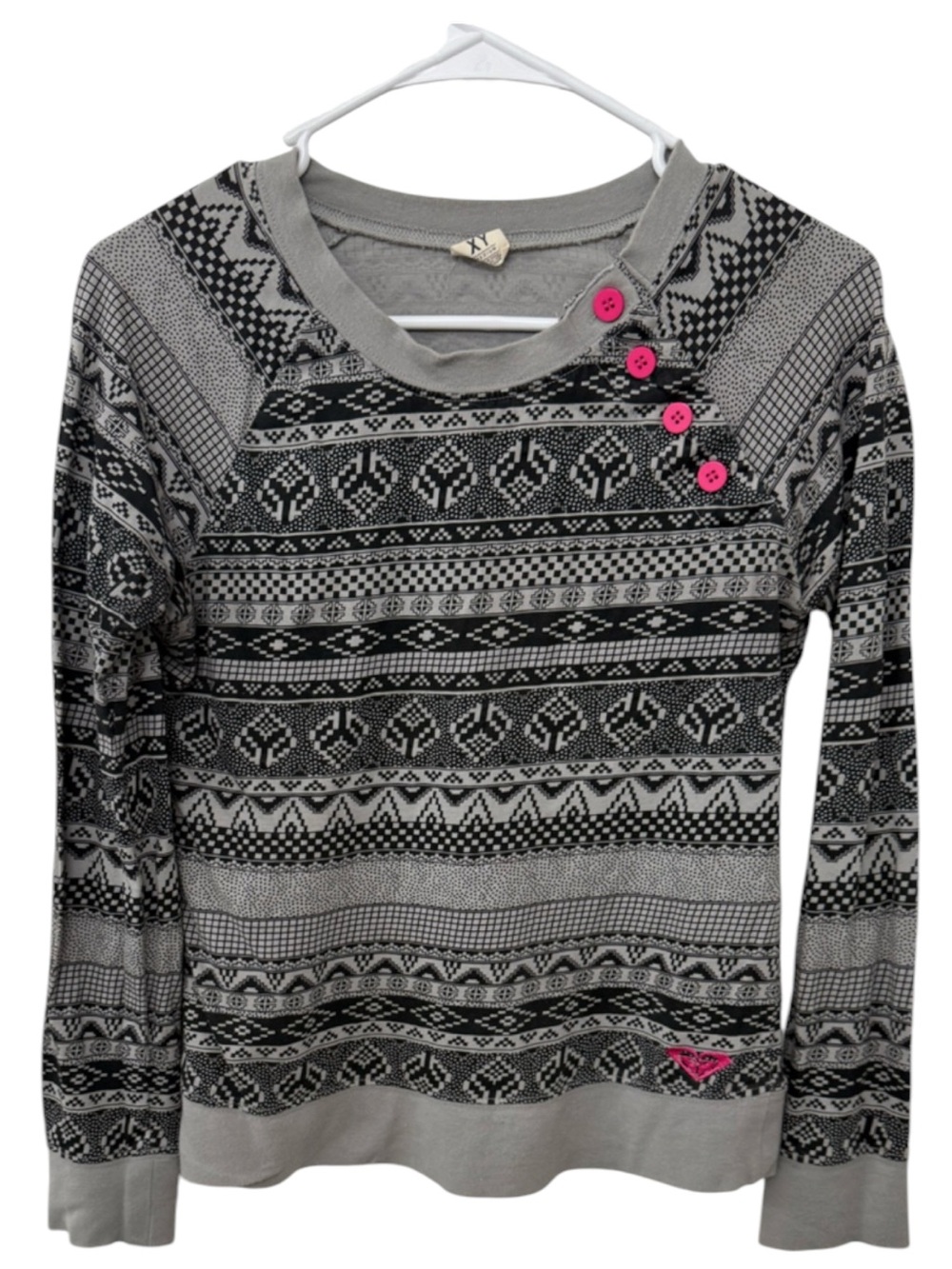 Roxy Grey and Black Fair Isle Sweater with Pink Buttons